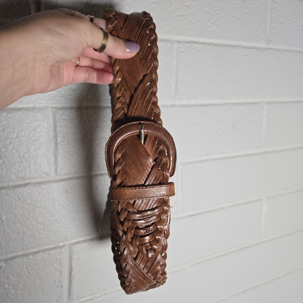 Vtg Boho Belt Braided Woven Genuine Leather Brown Wide Waist Cinch Western M